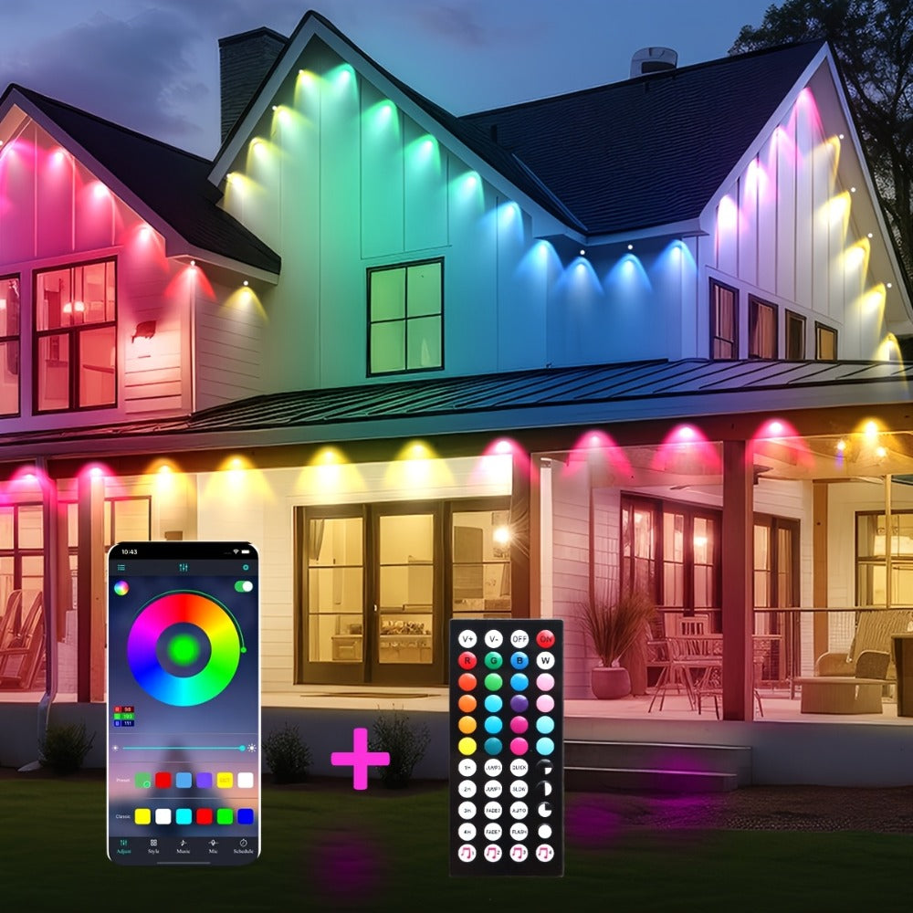 Permanent Outdoor Lights for Eaves RGB Color Changing – Music Sync, Dimmable, Timer | Multicolor & Warm White | 19FT to 200FT | Christmas Holiday Roofline Lighting