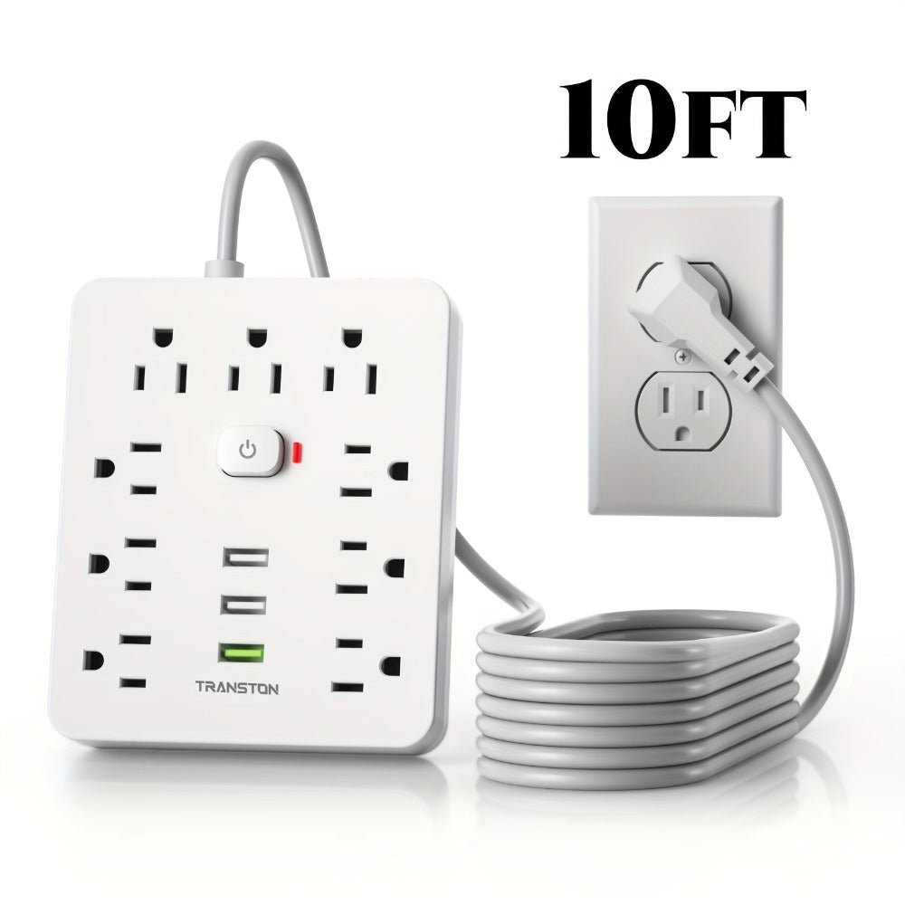 45° Tilt Plug Power Strip 12-in-1 Surge Protector with 9 AC Outlets & 3 USB Ports, 10ft Long Extension Cord, Advanced Overload Protection for Home, Office & High-Power Devices