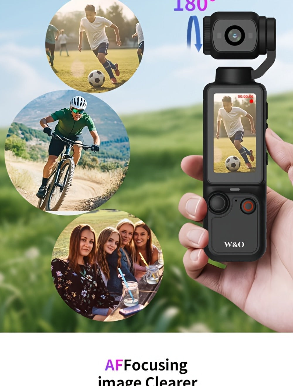 Ultra-Lightweight 4-in-1 Action Camera 1080P | 360° Rotating Lens, Image Stabilization & One-Click Recording – Compact Outdoor Cam for Cycling, Vlogging & Drone-Like Aerial Shooting Effects