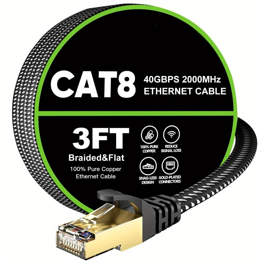 Cat 8 Ethernet Cable 100ft Flat Braided, 40Gbps 2000MHz High Speed Internet Cord, Gold Plated RJ45 SSTP Shielded Network LAN Cable for PS4 PS5 Gaming, Router, Modem, PC, Laptop, Xbox