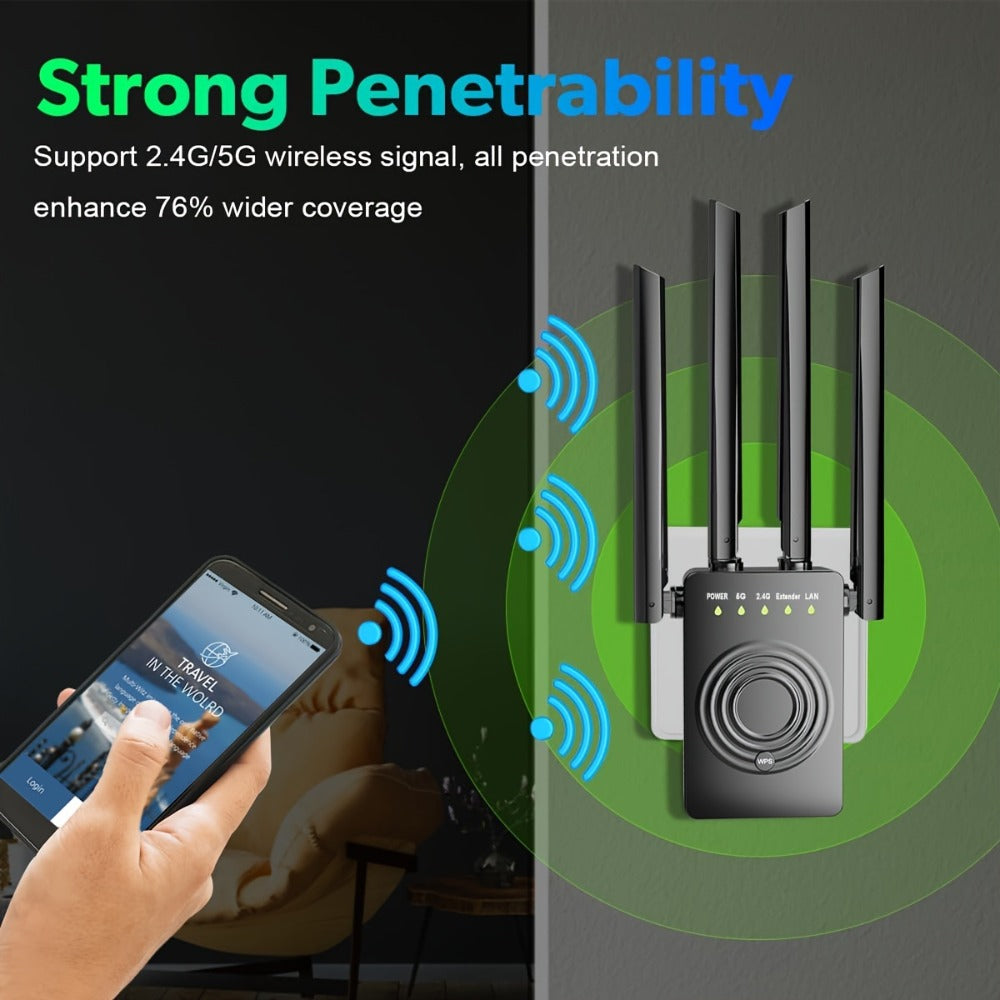 12880 Sq Ft WiFi Booster 1200Mbps Dual Band - Long Range Signal Extender Repeater Covers 105 Devices, Built-In Ethernet Port, WPS Easy Setup for Large Home Office Basement Garage Backyard