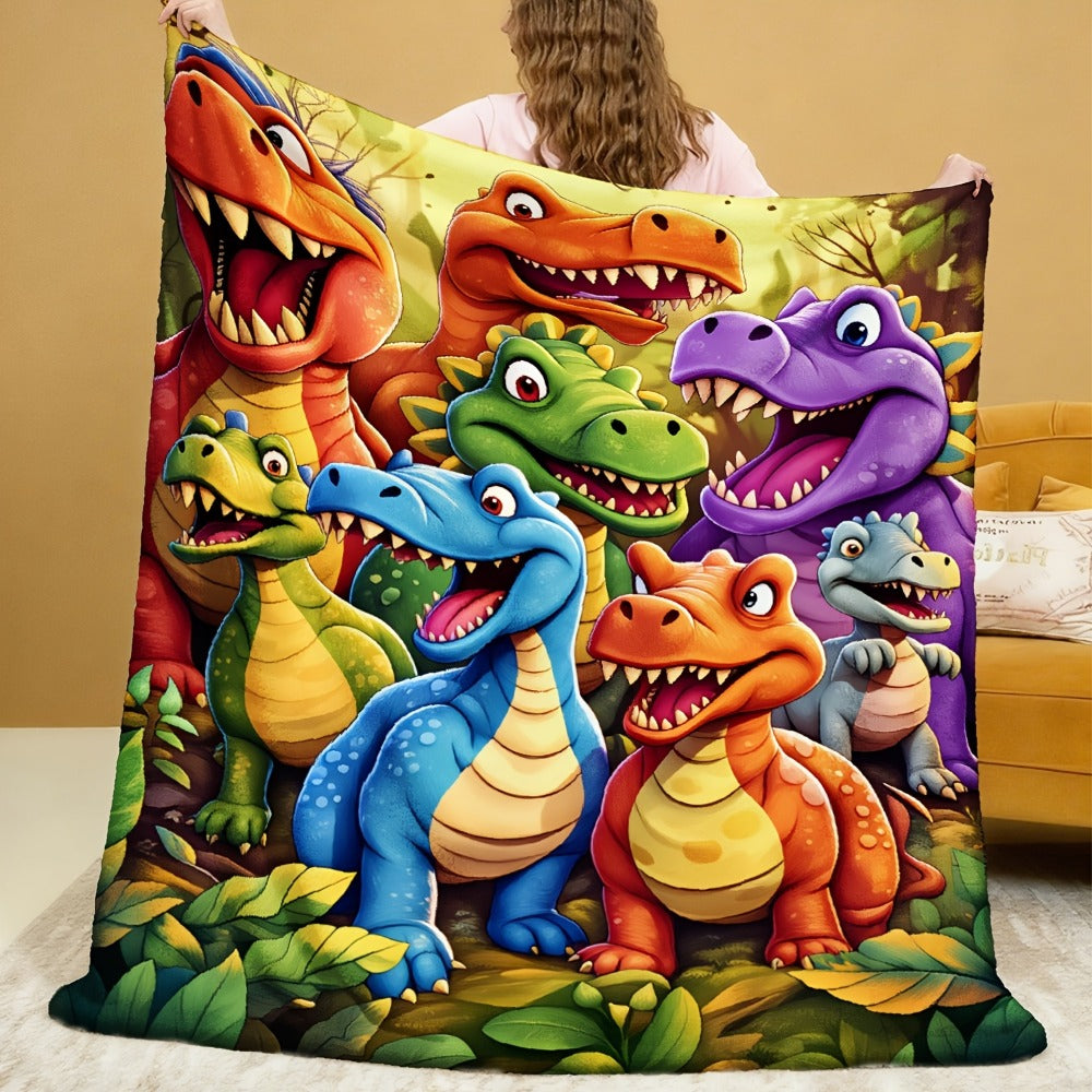 Dinosaur Print Flannel Throw Blanket – 250-300gsm Soft Lightweight Cartoon Dino Blanket for Kids, Couch, Bed & Travel, 5 Sizes