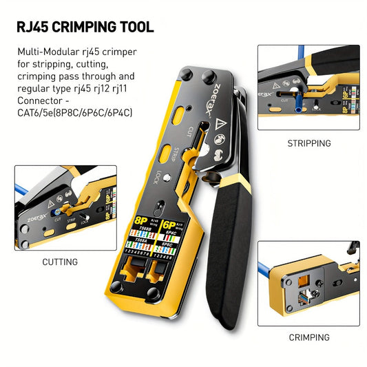 RJ45 Pass-Through Crimping Tool Kit with Cable Tester and 50 CAT6 Connectors