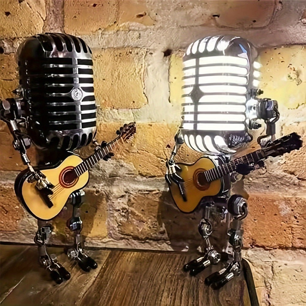 Vintage Microphone Robot Guitar Lamp USB Powered – Retro Decorative Night Light for Music Lovers, Guitar Players, Home, Bar & Office Desk Decor (Red / Yellow)