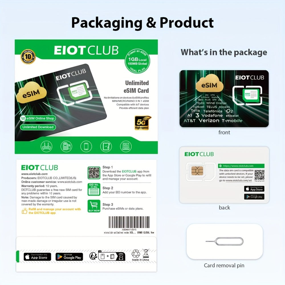 Global Travel eSIM Card EIOTCLUB Unlimited Downloads Store 8 Profiles – Works in Europe USA Japan China & 100+ Countries No Roaming Fees, Compatible with Android iPhone & GL.iNet Routers