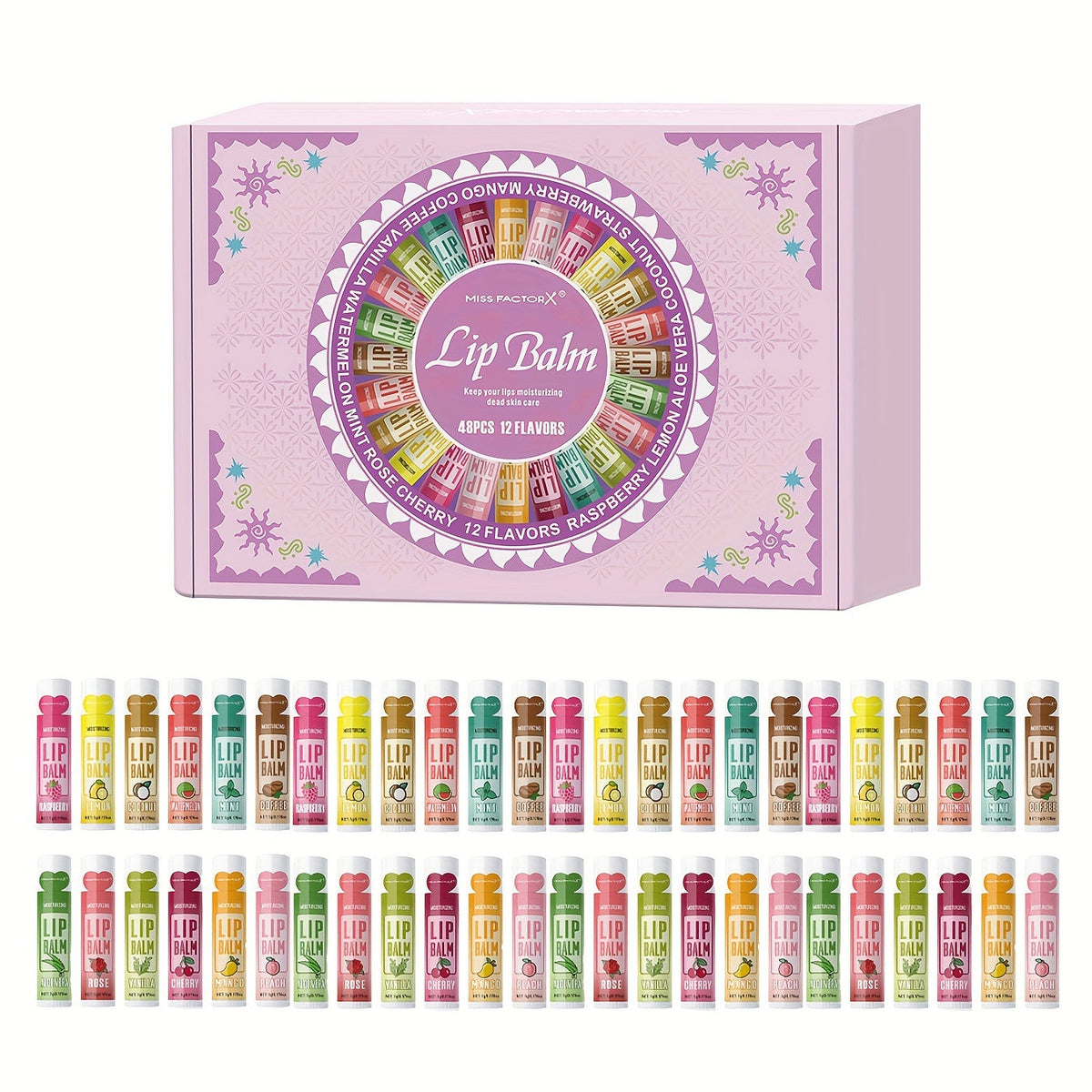 Lip Balm Gift Set 48pcs MISS FACTORX - Moisturizing Glycerin Lip Butter, Hypoallergenic Natural Finish for All Skin Types, Unisex Adult Lip Care Variety Pack, Valentine's Day & Mother's Day Gift for Her