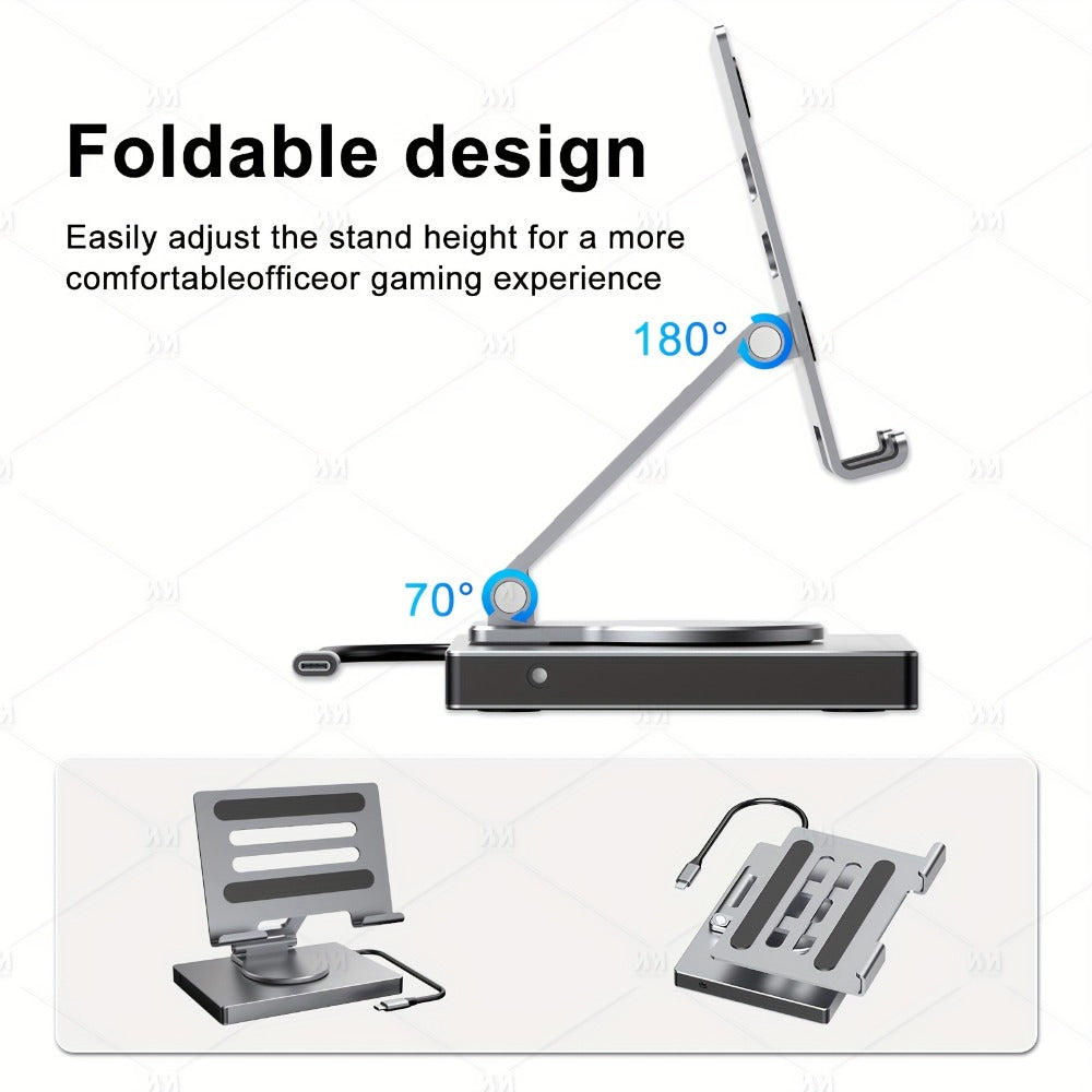 iPad Phone Rotating Stand Docking Station – 4K 60Hz HDMI, Gigabit Ethernet, 100W PD, USB 3.0 Hub, SD/TF Card Reader, Audio Jack – Multi-Screen Home Office for iPad Pro & Smartphones