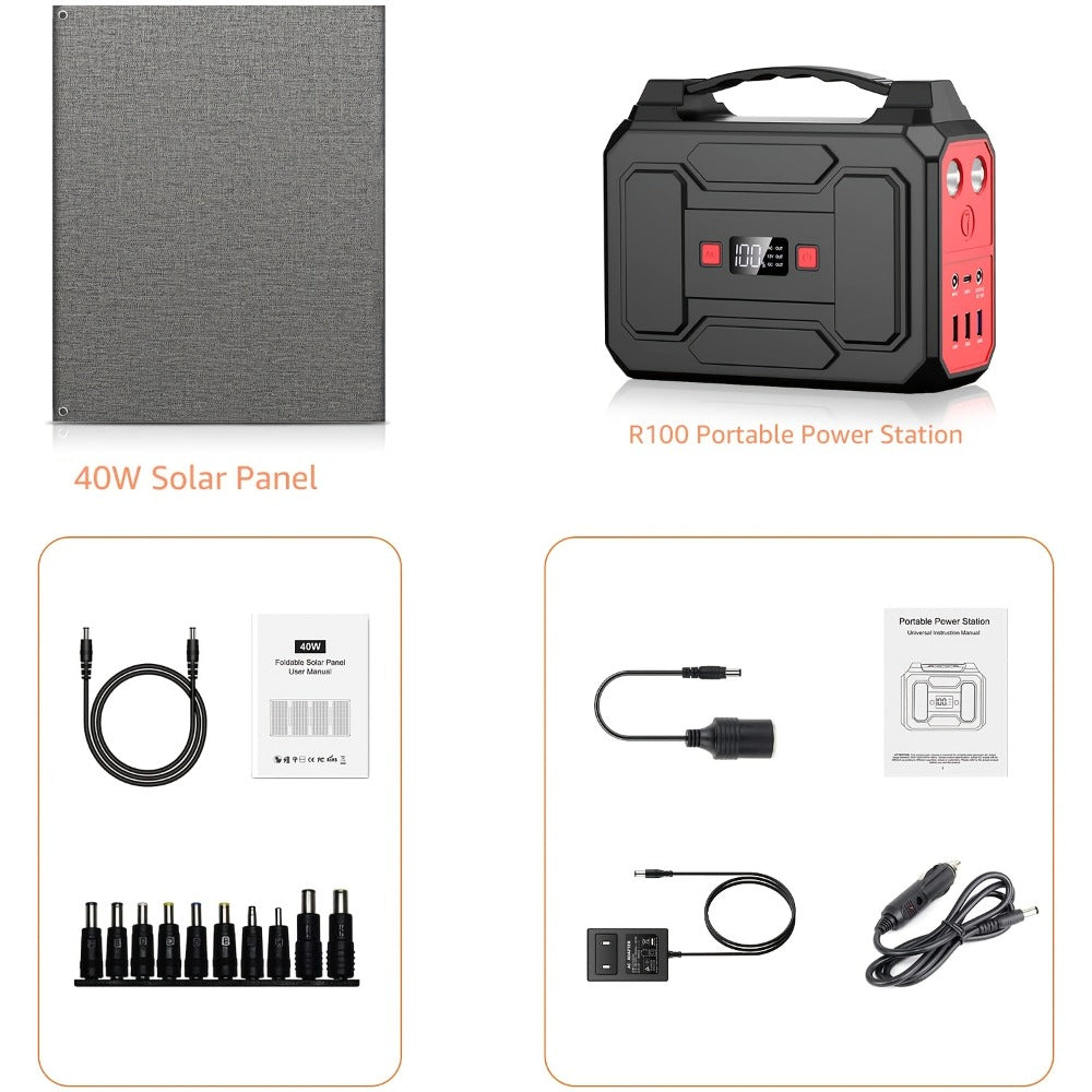 100W 146Wh Portable Power Station Solar Generator with 40W Foldable Solar Panel, 146Wh Backup Battery for Camping Hiking RV Emergency, AC DC USB USB-C Output, LED Flashlight, Fast US Shipping