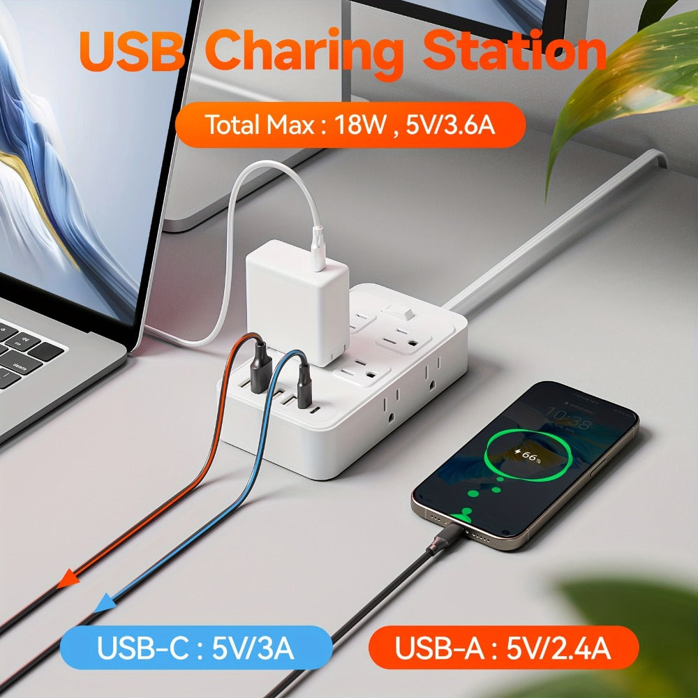 One-Touch Switch Desk Charging Station 14-in-1, 8 Widely Distributed AC Outlets & 6 USB Ports (4 USB-A + 2 USB-C), Surge Protection, Compact Portable Power Strip for Home Office Desktop – Safe & Organized