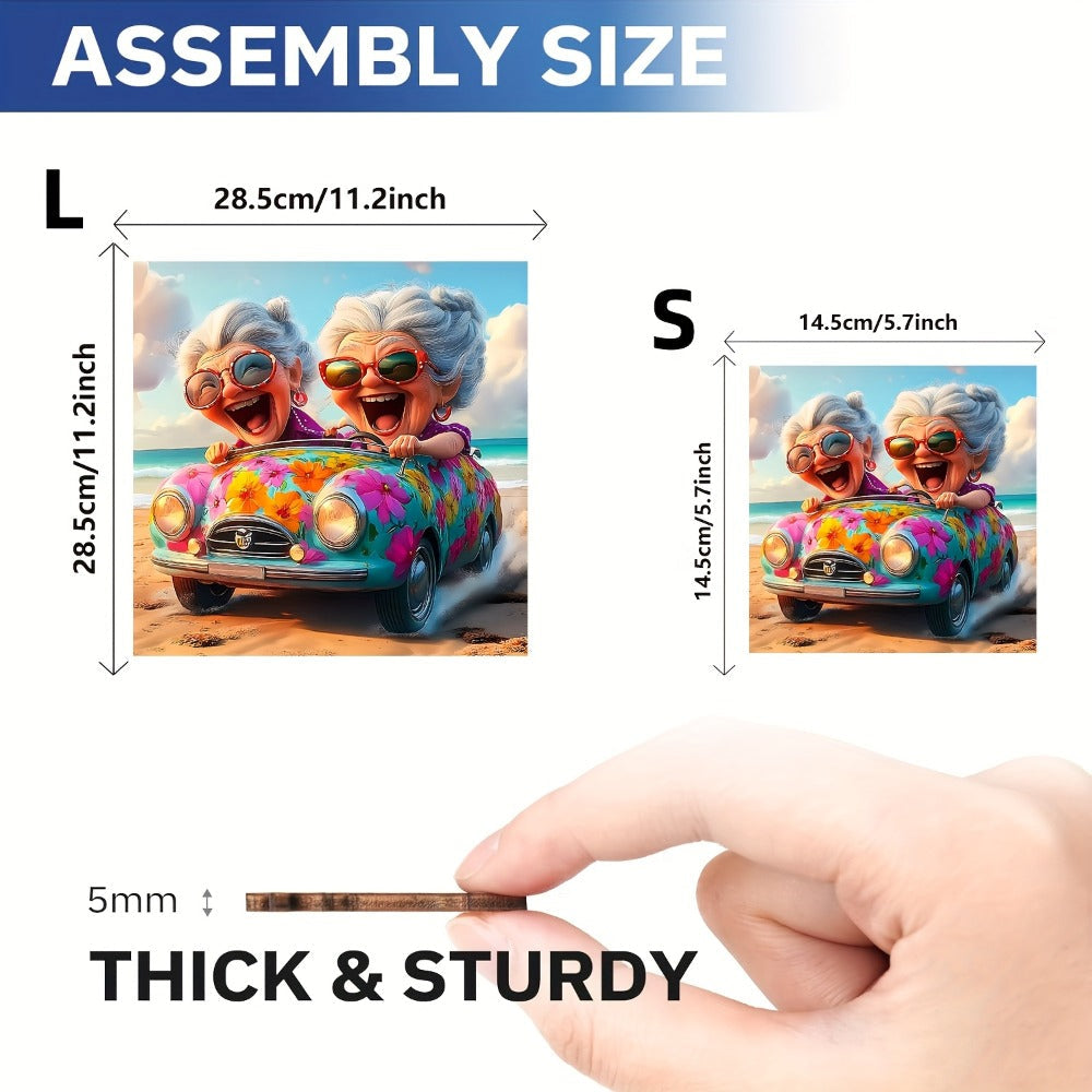 Wooden Jigsaw Puzzle, Happy Old Lady Artwork with Irregular Pieces in S and L