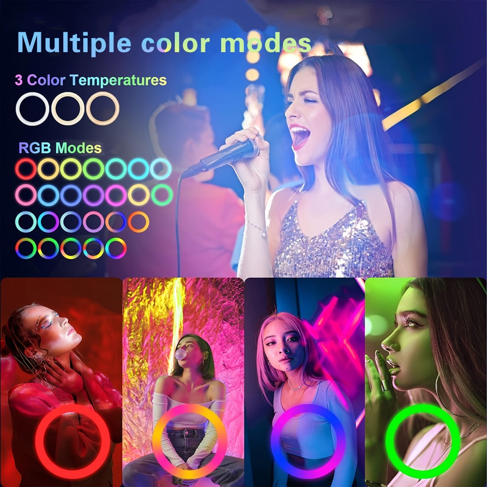 RGB LED Ring Light 43-Inch Adjustable Stand with Phone Holder USB Powered Multicolor Circle Fill Light for Photography Video Recording Streaming Makeup Selfie Outdoor Studio Lighting