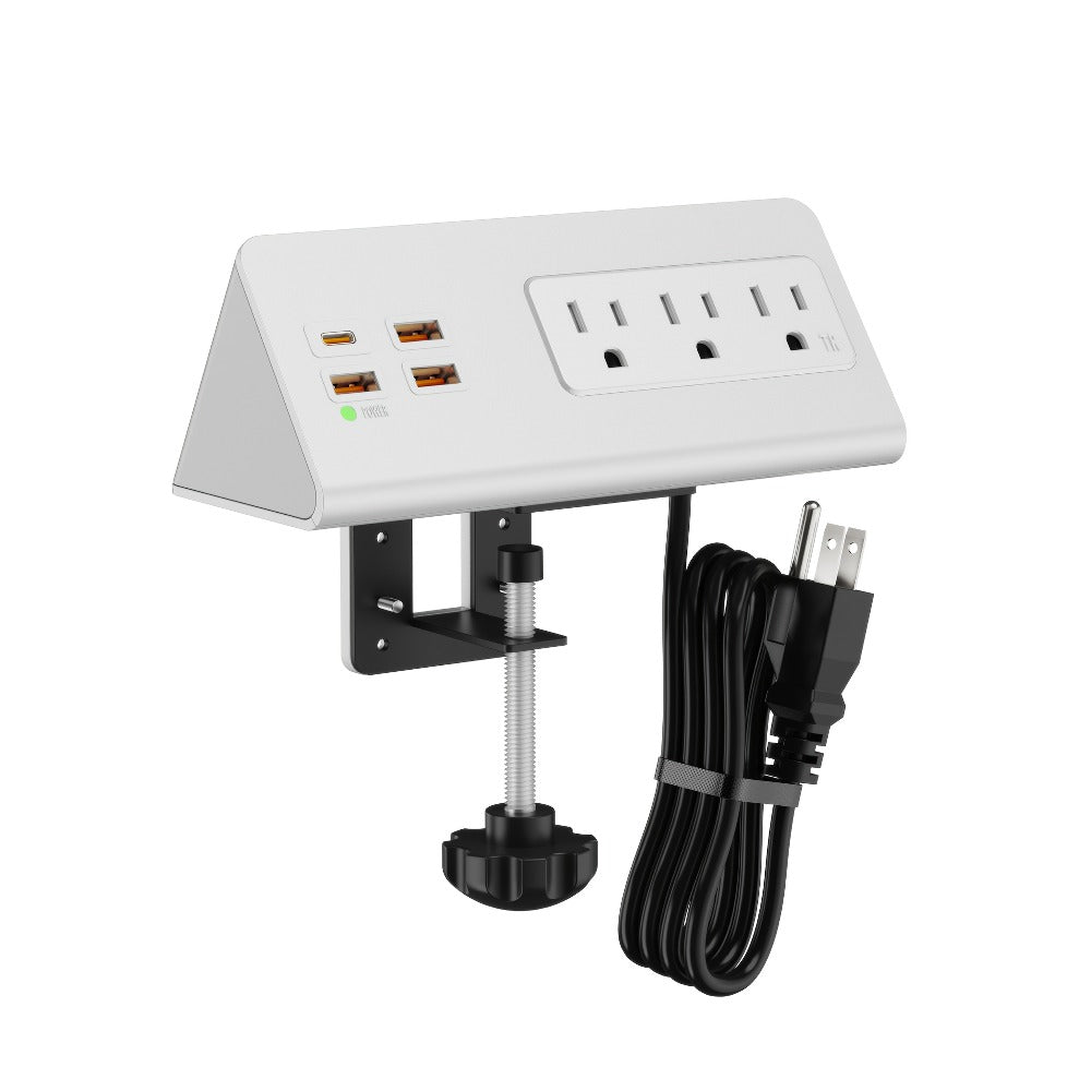 Desk Edge Mount Power Strip 7-in-1 with PD 20W USB-C Fast Charging, Screw & Clamp Mount, 5.6ft Extension Cord, Power Indicator Light – Under-Desk Charging Station for Office, Dorm & Hotel
