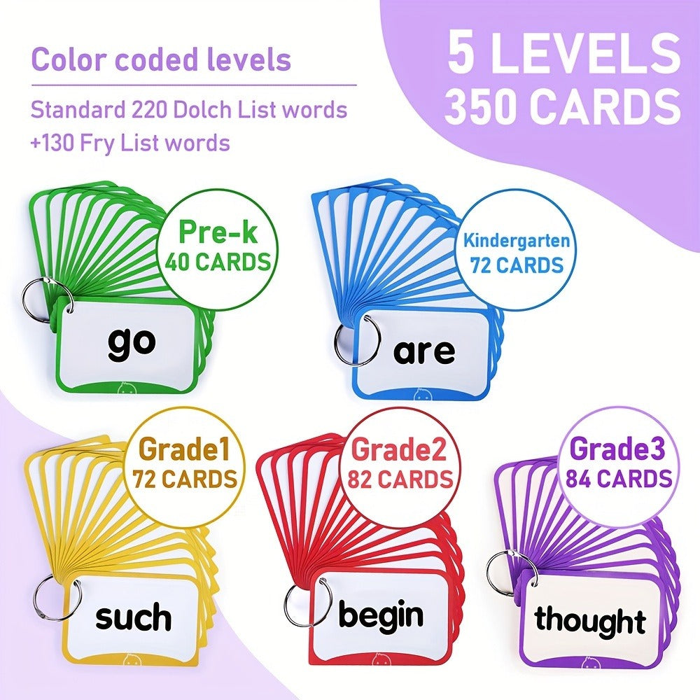 Sight Words Flash Cards 350 Dolch & Fry High Frequency Words – 5 Color-Coded Levels Pre-K to 3rd Grade, Laminated Double-Sided Reading Flashcards with Rings, Homeschool Classroom Gift for Kids Ages 3-9