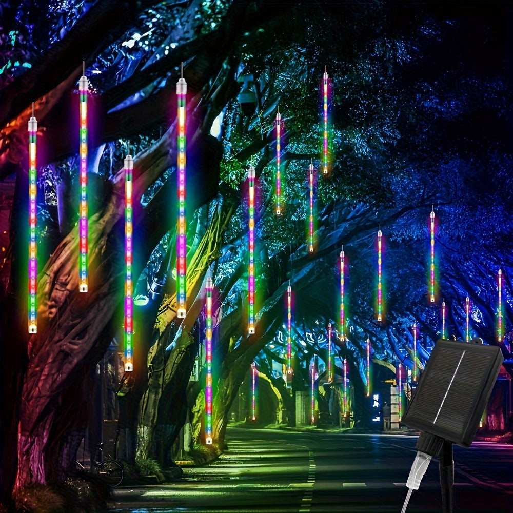 Solar Meteor Shower String Lights 192 LED Flower Theme - Outdoor Hanging Tree Lights Touch Control Warm Multi Color Blue for Garden Courtyard Christmas Halloween 4th of July Wedding Decoration