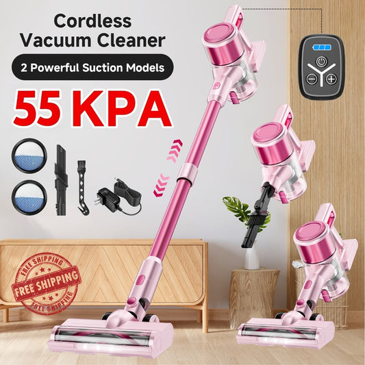 Cordless Stick Vacuum Cleaner, 55 kPa, 8-in-1 Design with LED Light and Swivel Head