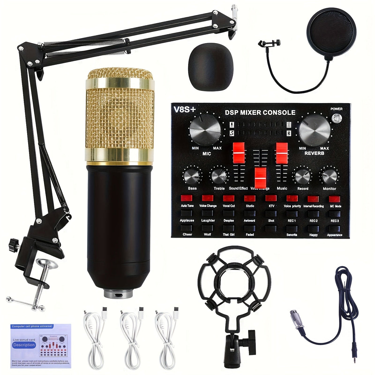 BM-800 gold condenser microphone with V8S mixer, boom arm, pop filter and connection cables