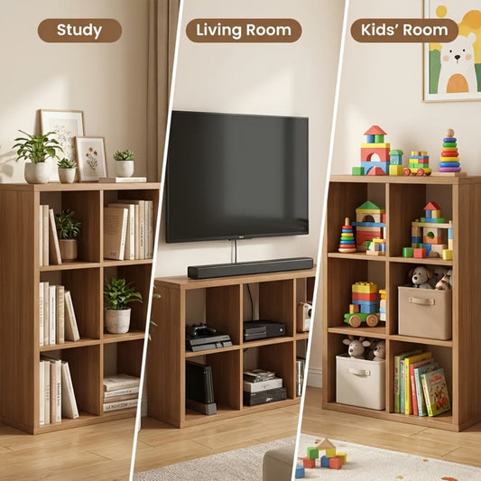 Bookshelf shown in the 3 cubes in natural wood color option
