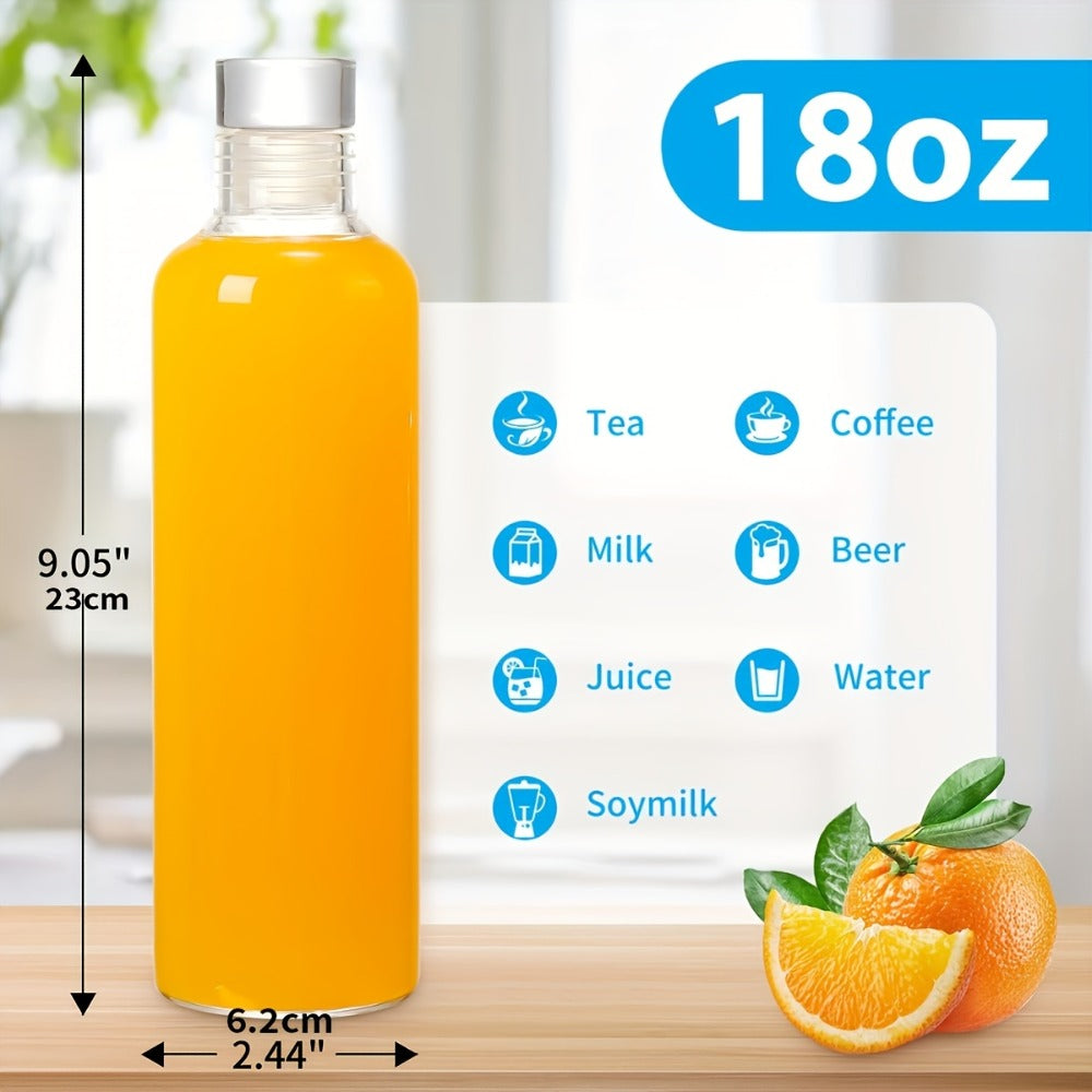 Borosilicate Glass Water Bottle Set of 6 with Lid Sleeve and Cleaning Brush – 18oz Reusable Juice Bottles | Non-Slip Sports Drinking Vessels for Home Office Gym Travel