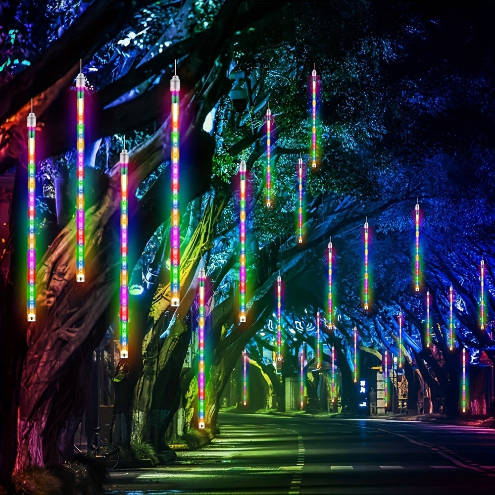 Solar Meteor Shower String Lights 192 LED Flower Theme - Outdoor Hanging Tree Lights Touch Control Warm Multi Color Blue for Garden Courtyard Christmas Halloween 4th of July Wedding Decoration