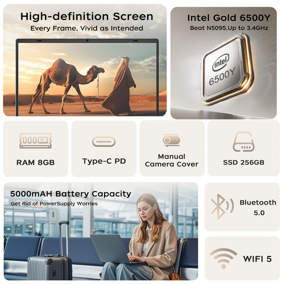 15.6 Inch Ultra-Thin Laptop, Intel Pentium 6500Y, 8GB RAM 256GB SSD, 4K Dual-Screen Support, Quad Stereo Speakers, Type-C PD Fast Charging – Lightweight Office & Entertainment Notebook PC