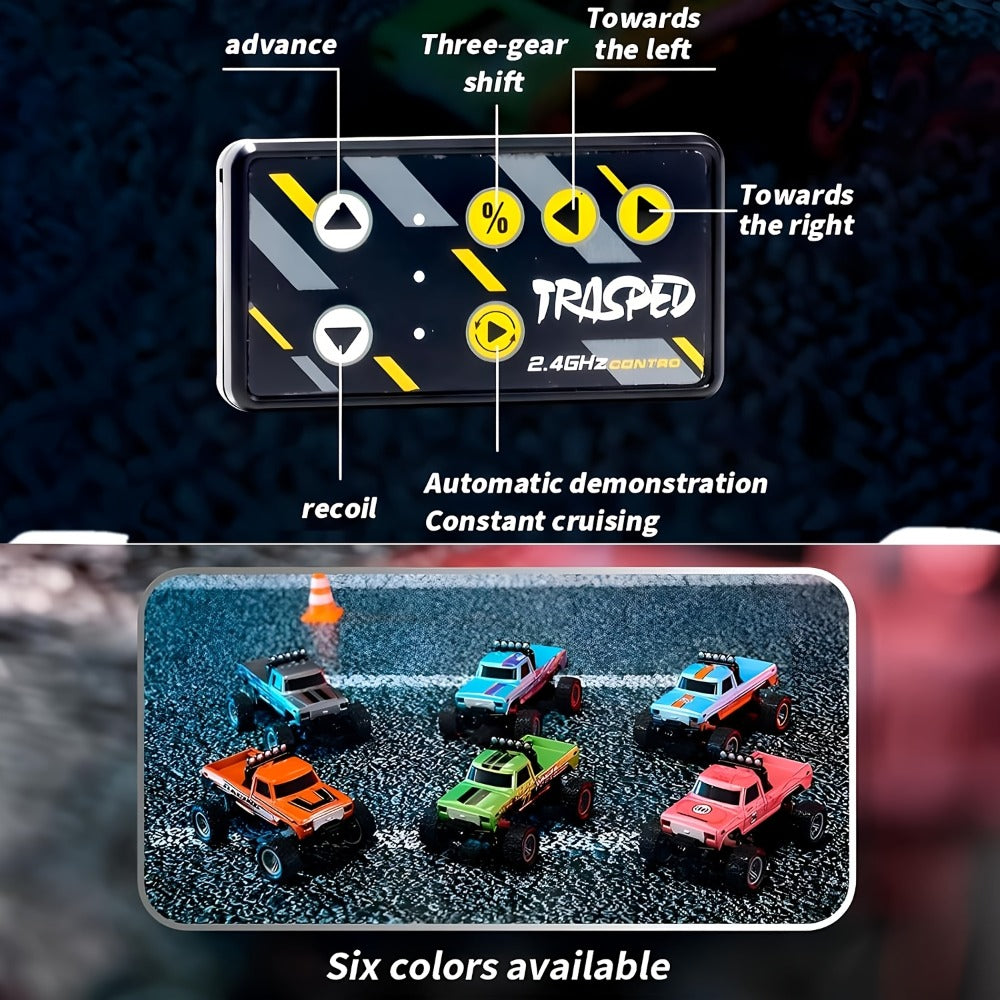 Mini RC Monster Truck, 1:64 Scale Alloy Body with LED Lights, Blue