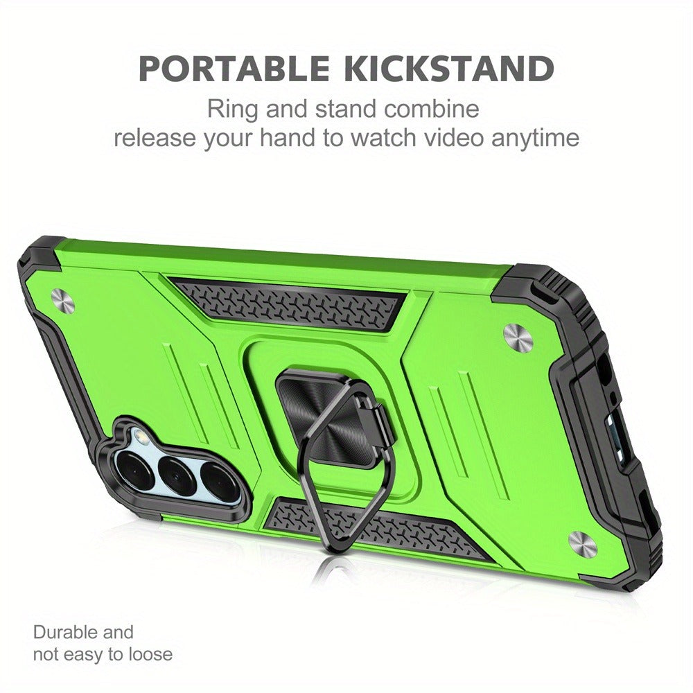 Ring Kickstand Samsung Galaxy A15 5G Case – 360° Rotating Stand Hybrid Armor Shockproof Rugged Cover with Magnetic Car Mount Plate, Dual Layer Hard PC TPU Bumper, Anti-Slip Grip – Black Blue Green Red Rose Gold