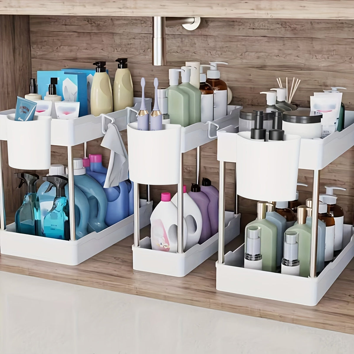 Under Sink Organizer 3-Pack 2-Tier Storage Rack – Bathroom Cabinet Organizer for Toiletries Cleaning Supplies Kitchen Spices
