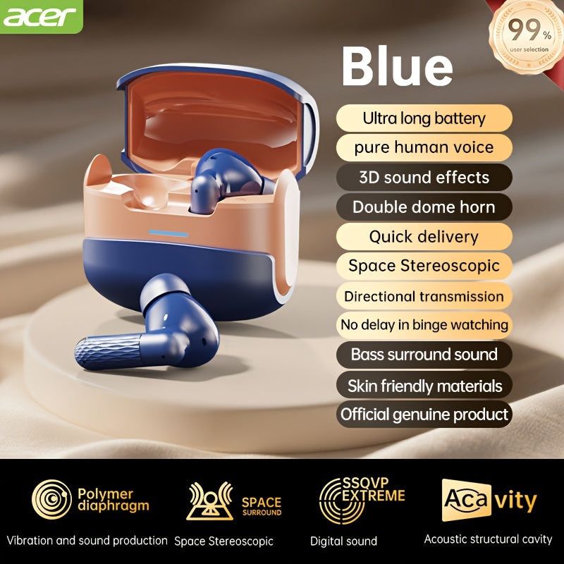 ANC Wireless Earbuds Acer Official TWS In-Ear Active Noise Cancellation Spatial Audio Low Latency Gaming Mode HD Calls Long Battery Life Sports Driving Earphones Navy Blue White