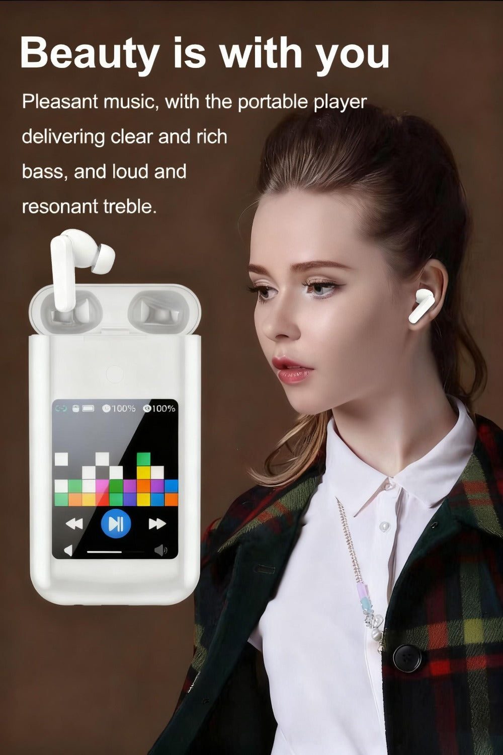 5000mAh Battery Wireless Earphones 3-in-1 HiFi Stereo LED Touch Screen Multiple EQ Modes Rechargeable Multimedia Earbuds for Travel Outdoor Work Black White
