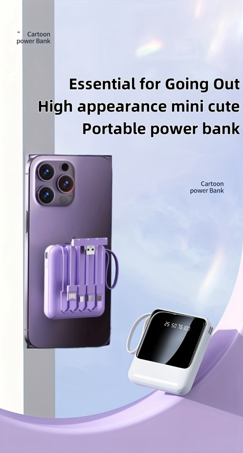 10000mAh Power Bank Built-in 4-in-1 Cable 22.5W Super Fast Charging Slim Mini Portable Charger for iPhone Android Samsung – Compact Travel Battery Pack USB-C Micro Lightning