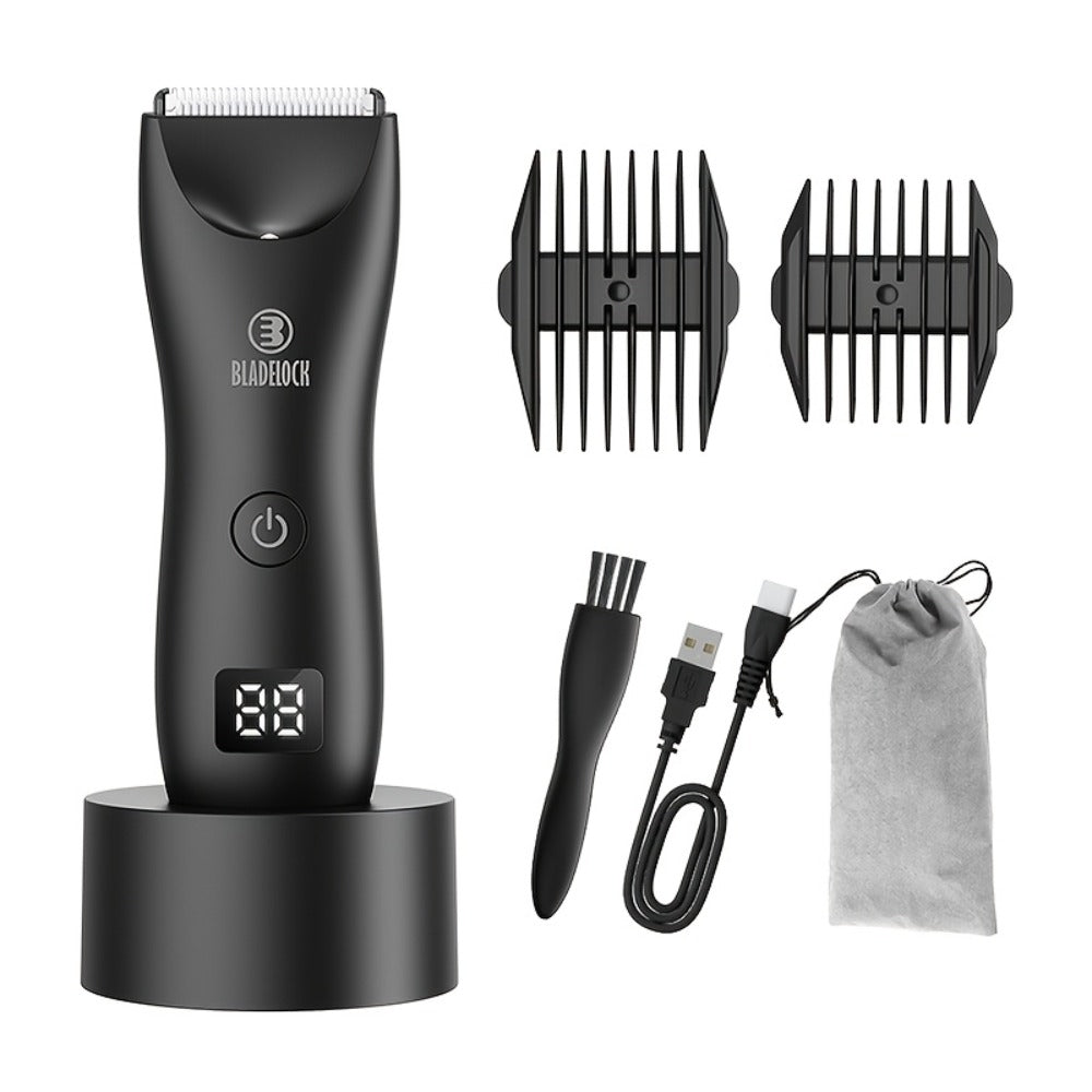 Manscaping Trimmer for Men IPX7 Waterproof Electric Groin & Ball Trimmer Ceramic Blades LCD Battery Display Replaceable Head - Body Hair Shaver Groomer Black Grey