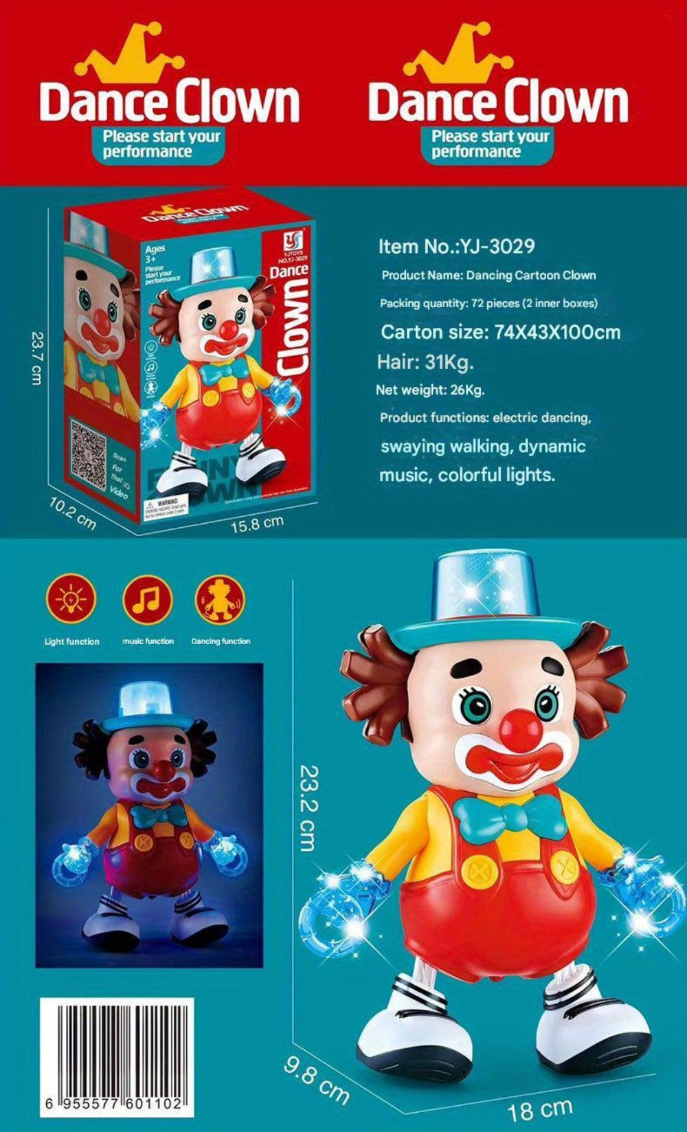 Dancing Clown Toy Doll with Light & Music, Swinging Fidget Toy for Kids Boys & Girls, Funny Weird Halloween Decoration, Christmas Birthday Gift for Children Ages 3+