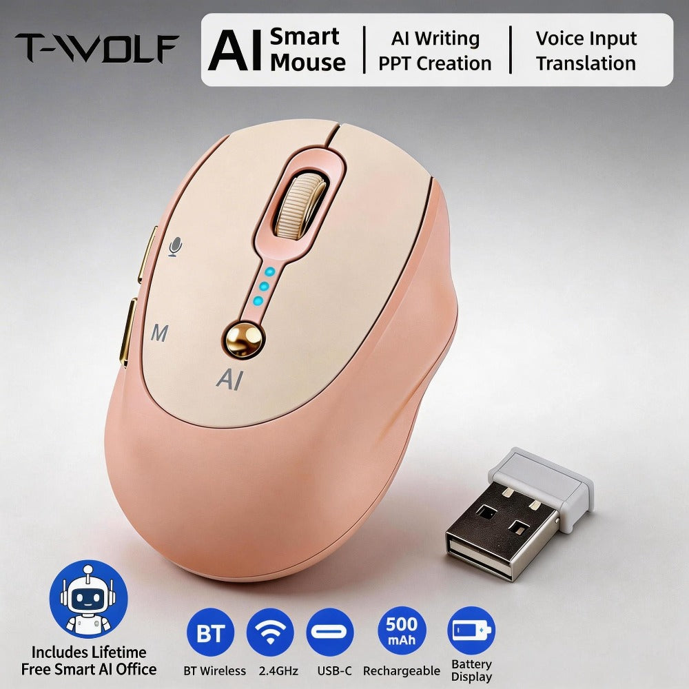 AI Wireless Mouse Voice to Text Real-Time Translation PPT Creation T-WOLF Silent Rechargeable Bluetooth 2.4G Dual Mode Battery Display Laptop PC Mac Windows Android Yellow Pink