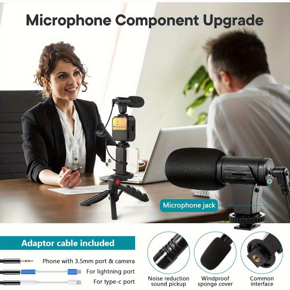 Phone Vlogging Kit with Noise-Reduction Microphone Tripod & LED Fill Light – TikTok YouTube Instagram Content Creator Setup, 3.5mm Lightning Type-C Compatible, iPhone Android Streaming Starter Kit & Gift
