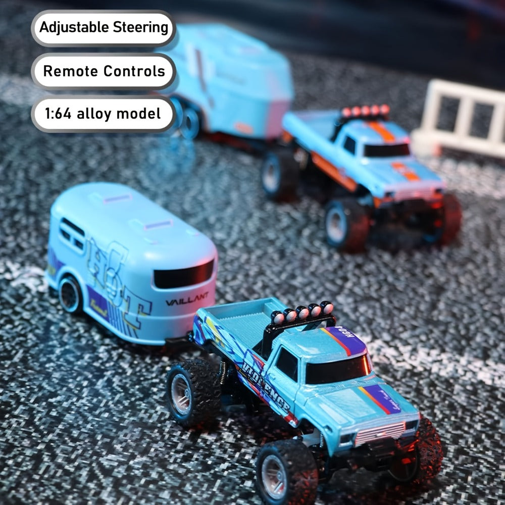 Mini RC Truck 1:64 Scale – 2.4GHz Alloy Off-Road Crawler with Detachable Trailer & LED Lights