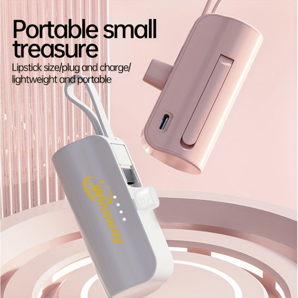 Capsule Mini Power Bank 5000mAh Dual Port Wireless Charging Phone Holder Fast Charge USB-C Cable Charge Two Phones at Once Pocket Portable Charger for Android Samsung iPhone