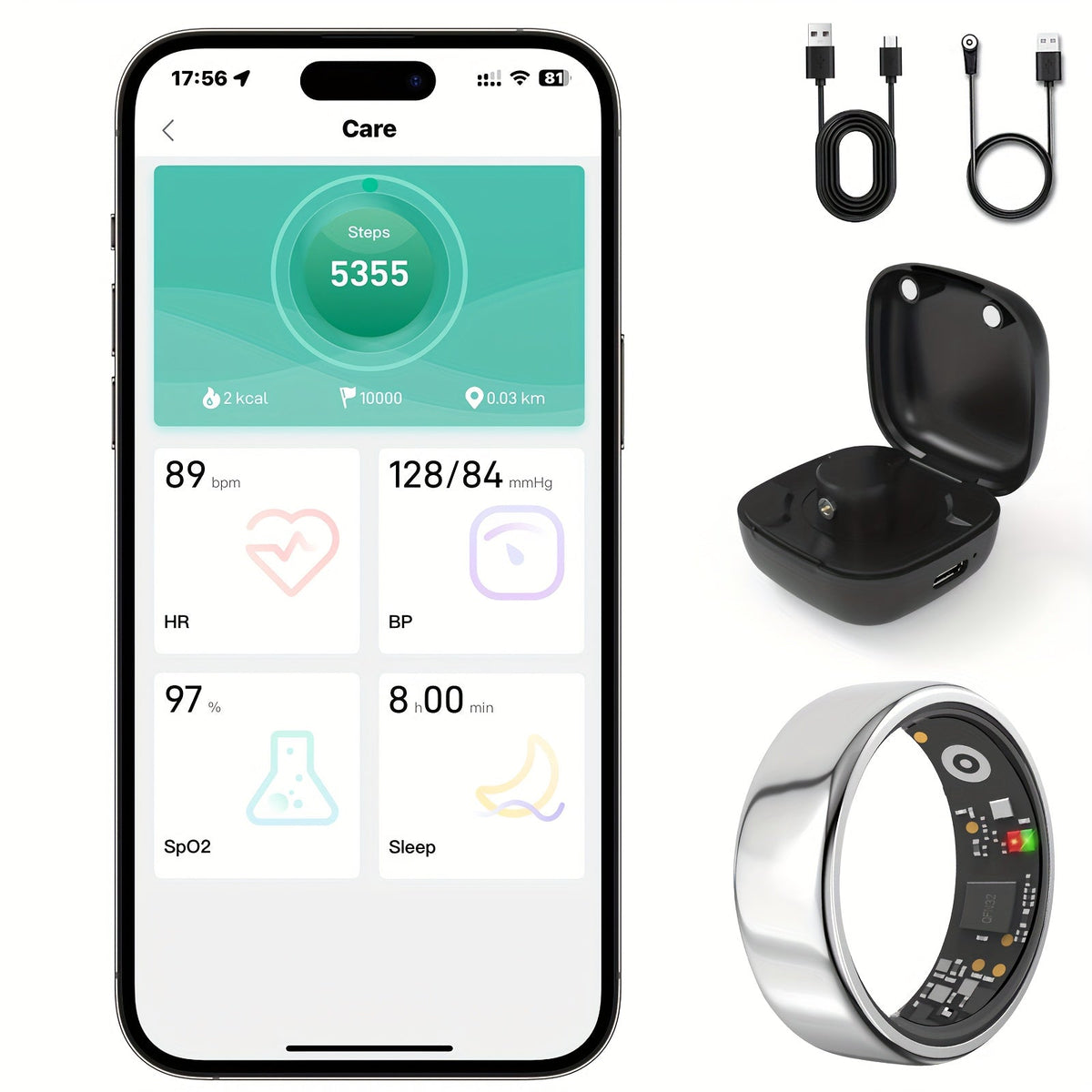 Smart Ring Fitness Tracker with Charging Case – Sleep Tracker Step Counter Distance Monitor for Women & Men | Sizes 7-13 | Black Silver Gold | iPhone & Android | USB Rechargeable | Health Gift