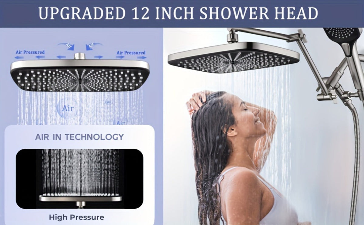 Rain Shower Head with Handheld Combo 12 Inch High Pressure Rainfall Showerhead Set – 4-Function Spray, 3-Way Diverter, 2-Stage Extension Arm & 71" Hose, Matte Black / Chrome / Brushed Nickel
