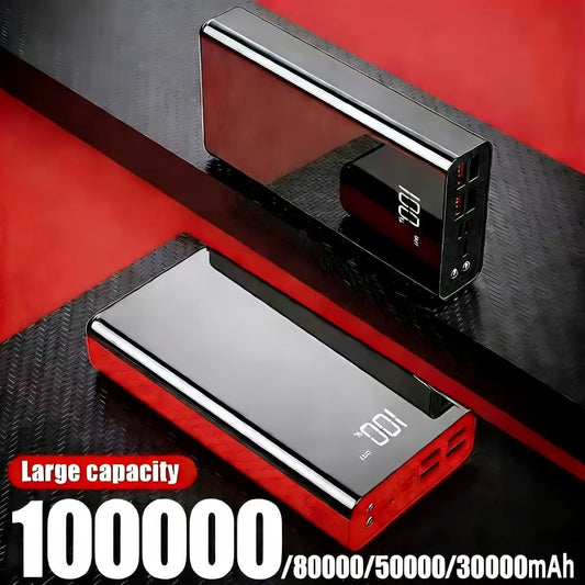 4-Port 100000mAh High Capacity Power Bank 30000mAh 50000mAh 80000mAh, Type-C Fast Charging LED Display Outdoor Emergency Backup Battery Pack for iPhone Android Samsung Tablets – Black Red Available