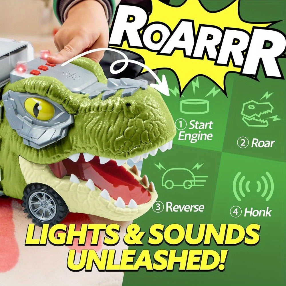 Dinosaur Truck Toy Set, 13-Piece Carrier with Mini Cars and Helicopter