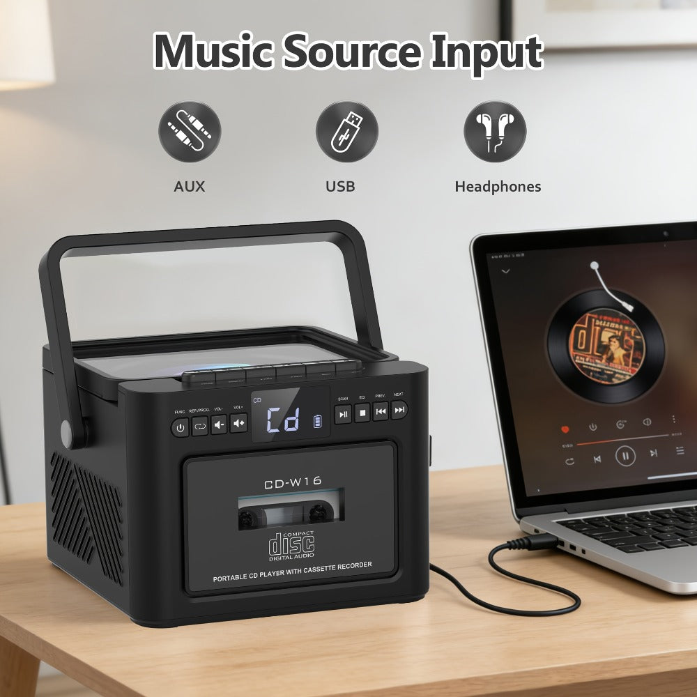 Portable Boombox CD Player with Cassette Tape, FM Radio & MP3 Player, HiFi Stereo Speaker System, 5000mAh Rechargeable Battery, USB AUX TF Card Playback, Retro All-in-One Audio System Gift