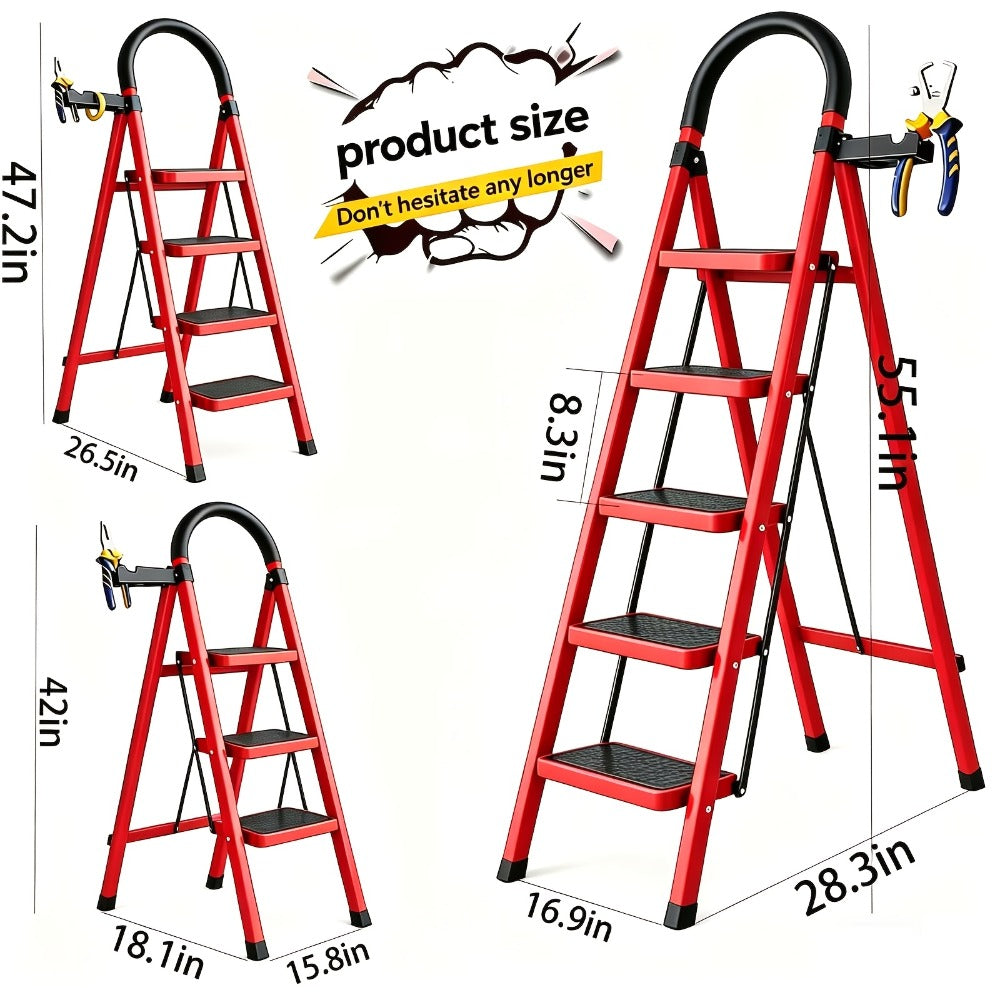 Folding Step Ladder with Anti-Slip Pedals & Handrail – 2/3/4/5 Step Stool for Adults, Sturdy Steel, Lightweight Portable, Non-Slip Feet, Rust-Resistant, Foldable for Home Kitchen Office Bedroom Use