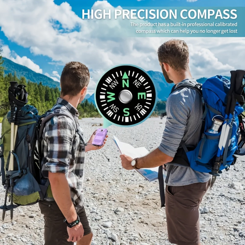 Hiking Solar Power Bank 10000mAh with Compass LED Flashlight & Carabiner Clip – Portable USB Charger for Camping Backpacking Travel Emergency Prep – Works with All Phones, Data Cable & Backpack Hook Included