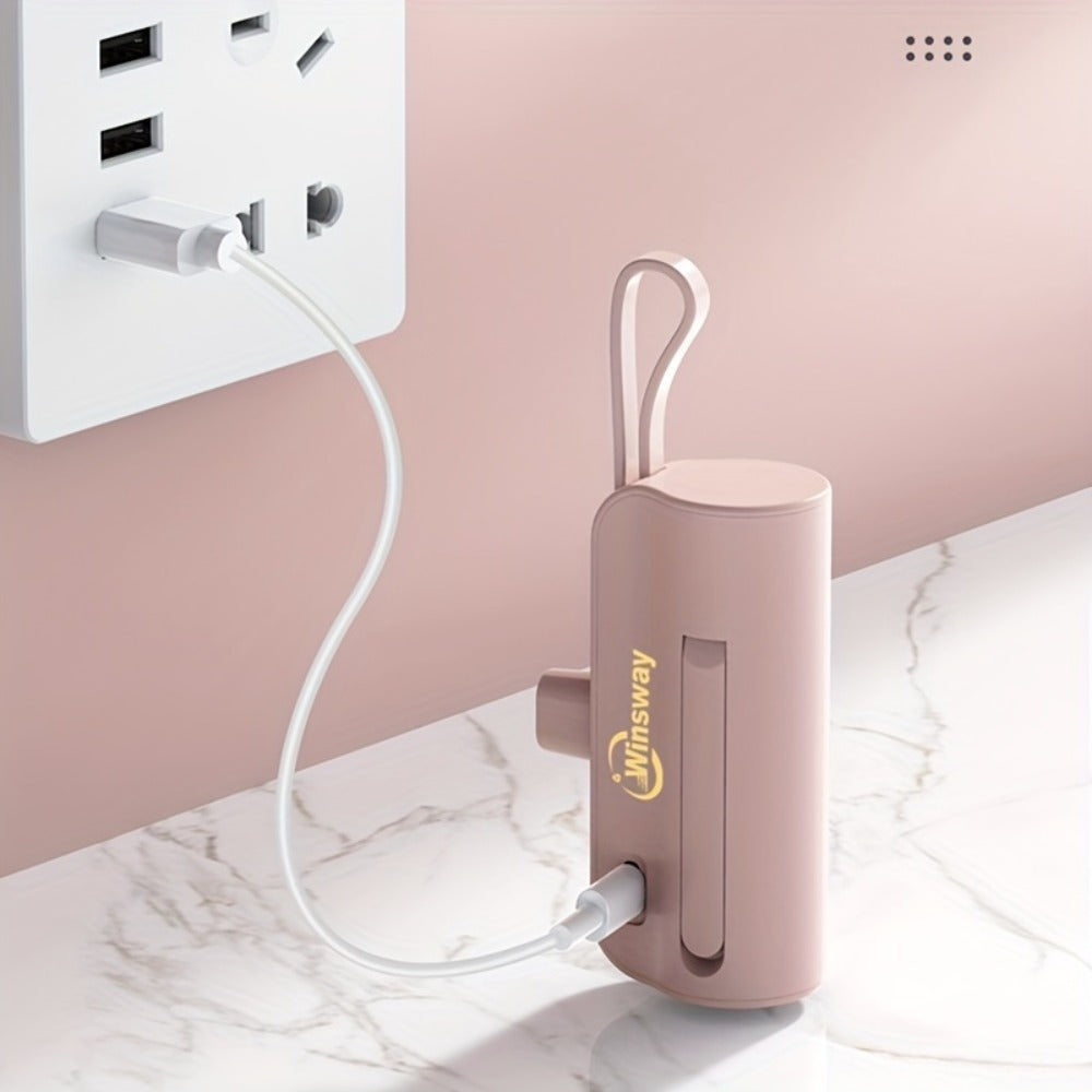 Capsule Mini Power Bank 5000mAh Dual Port Wireless Charging Phone Holder Fast Charge USB-C Cable Charge Two Phones at Once Pocket Portable Charger for Android Samsung iPhone