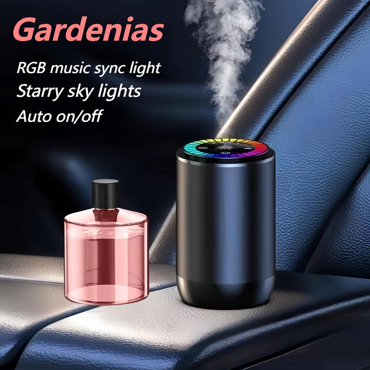 Car Air Freshener Aromatherapy Diffuser with Starry Sky Light Show, USB Rechargeable, Adjustable Fragrance – Natural Essential Oil Scents (Lavender, Ocean, Cologne, Gardenia)