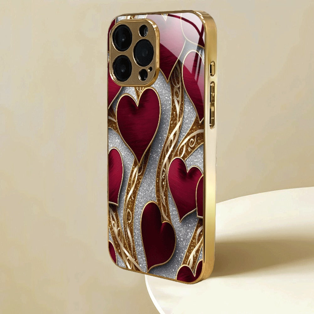 Golden Heart Phone Case Luxury Aesthetic Slim Fit iPhone 17 16 15 14 13 12 11 Pro Max Plus XS XR Samsung Galaxy S25 S24 S23 S22 A-Series Cute Girly Gift Cover Red Gold Design