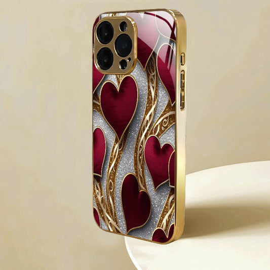 Golden Heart Phone Case Luxury Aesthetic Slim Fit iPhone 17 16 15 14 13 12 11 Pro Max Plus XS XR Samsung Galaxy S25 S24 S23 S22 A-Series Cute Girly Gift Cover Red Gold Design