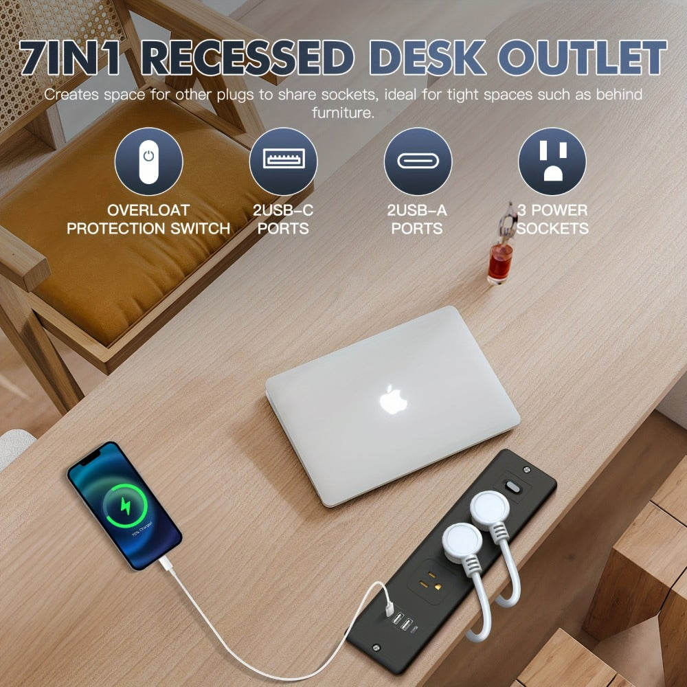 Recessed Power Strip In-Desk Embedded Socket 7-in-1, 3 AC Outlets & 4 USB Ports, Slim Space-Saving Design, 6ft Extension Cord, Countertop Power Station for Home Office Hotel Conference Room – BOCHLION BKL-U58