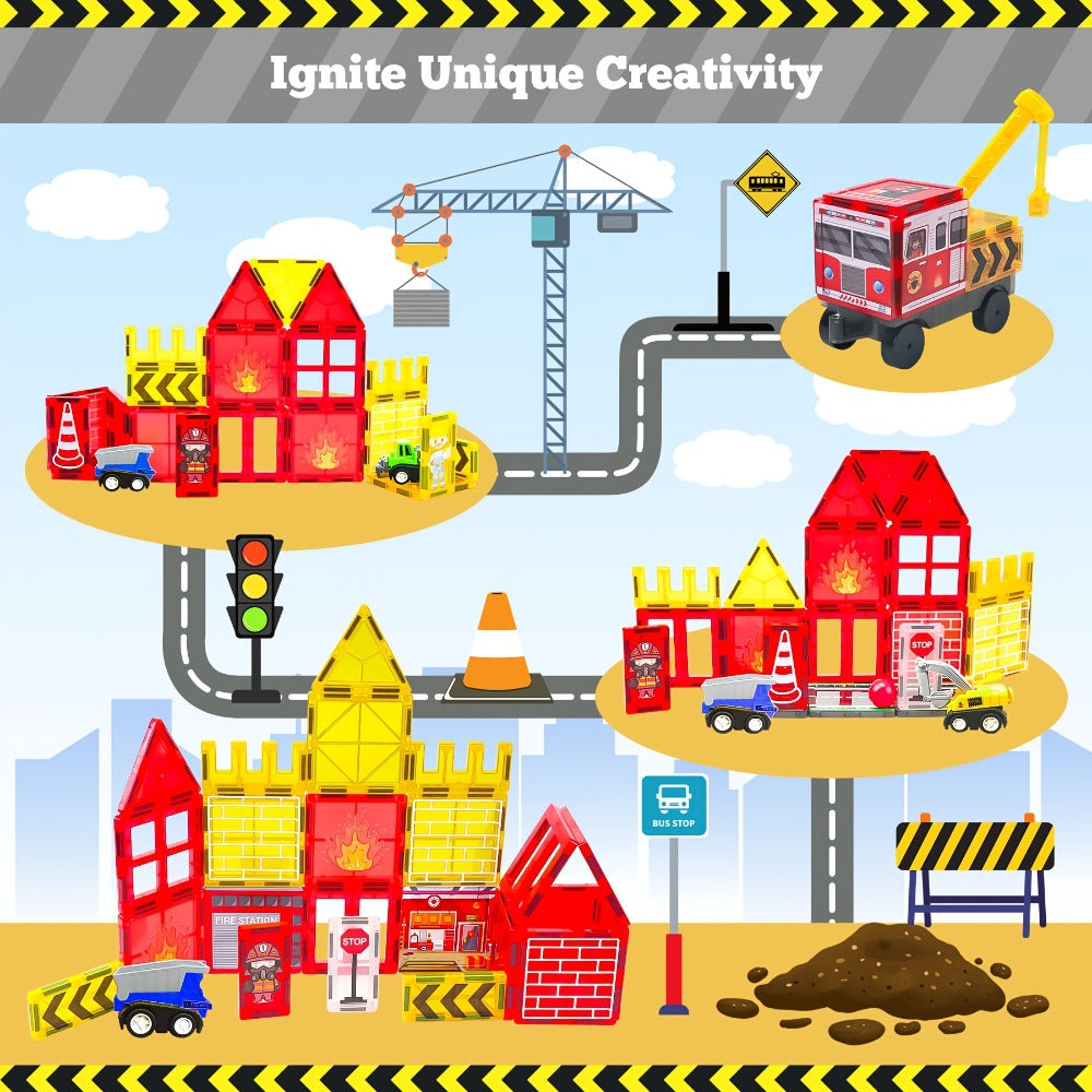Magnetic Tiles Building Set, Firefighting Theme, Fire Truck & Station