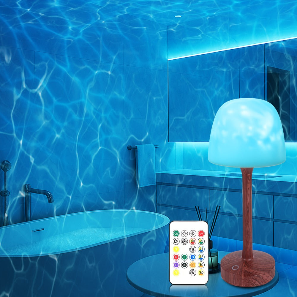 Ocean Wave LED Projector Lamp – 16 Color Rechargeable Cordless Night Light with Remote, Water Ripple Atmosphere Lamp for Bathroom Bedroom, Portable Table Lamp, RGB & Wood Base Options